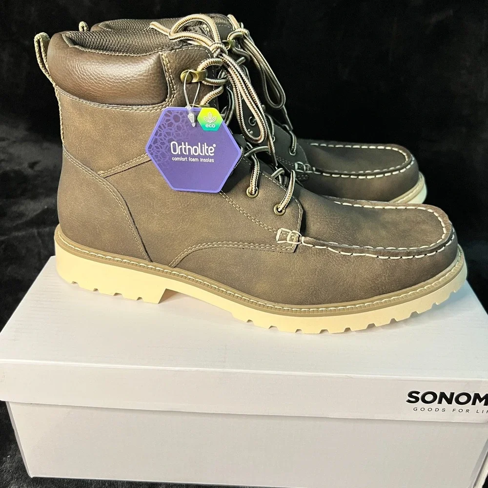 Sonoma Goods For Life Harlann Mens 13 Brown Leather Moc Toe Lug Sole Hiker Boots